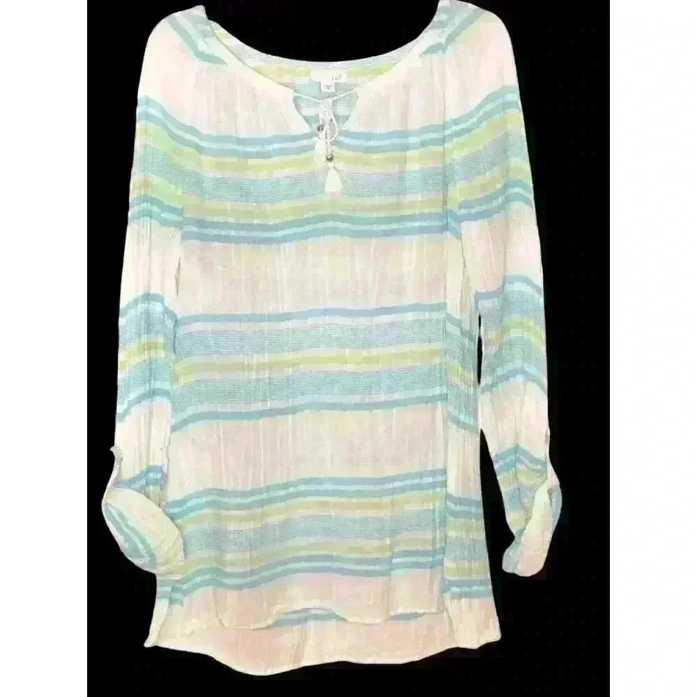 J Jill tunic M cotton scoop neck roll tab raglan sleeve lagenlook hi lo crinkle